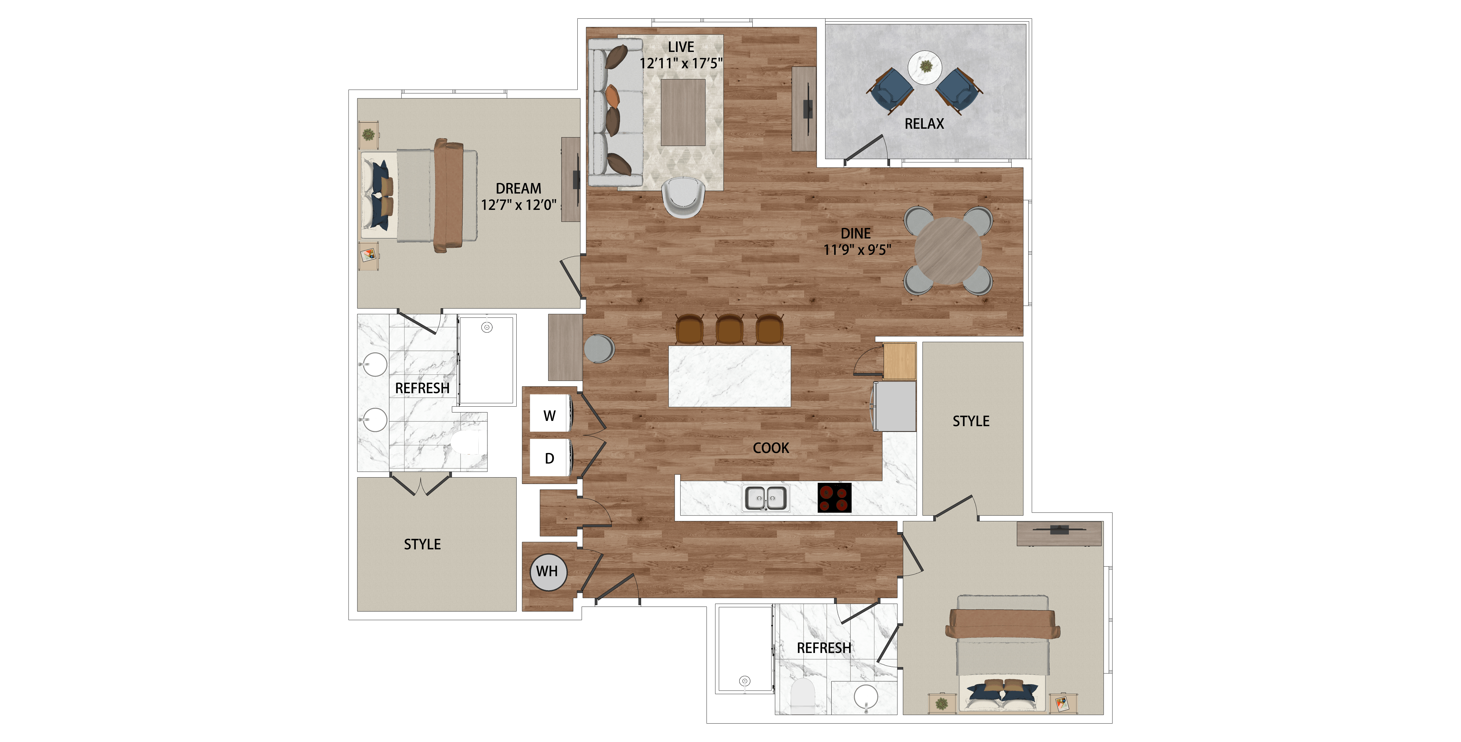 Floor plan for 2 beds, 2 baths, 1331 sqft